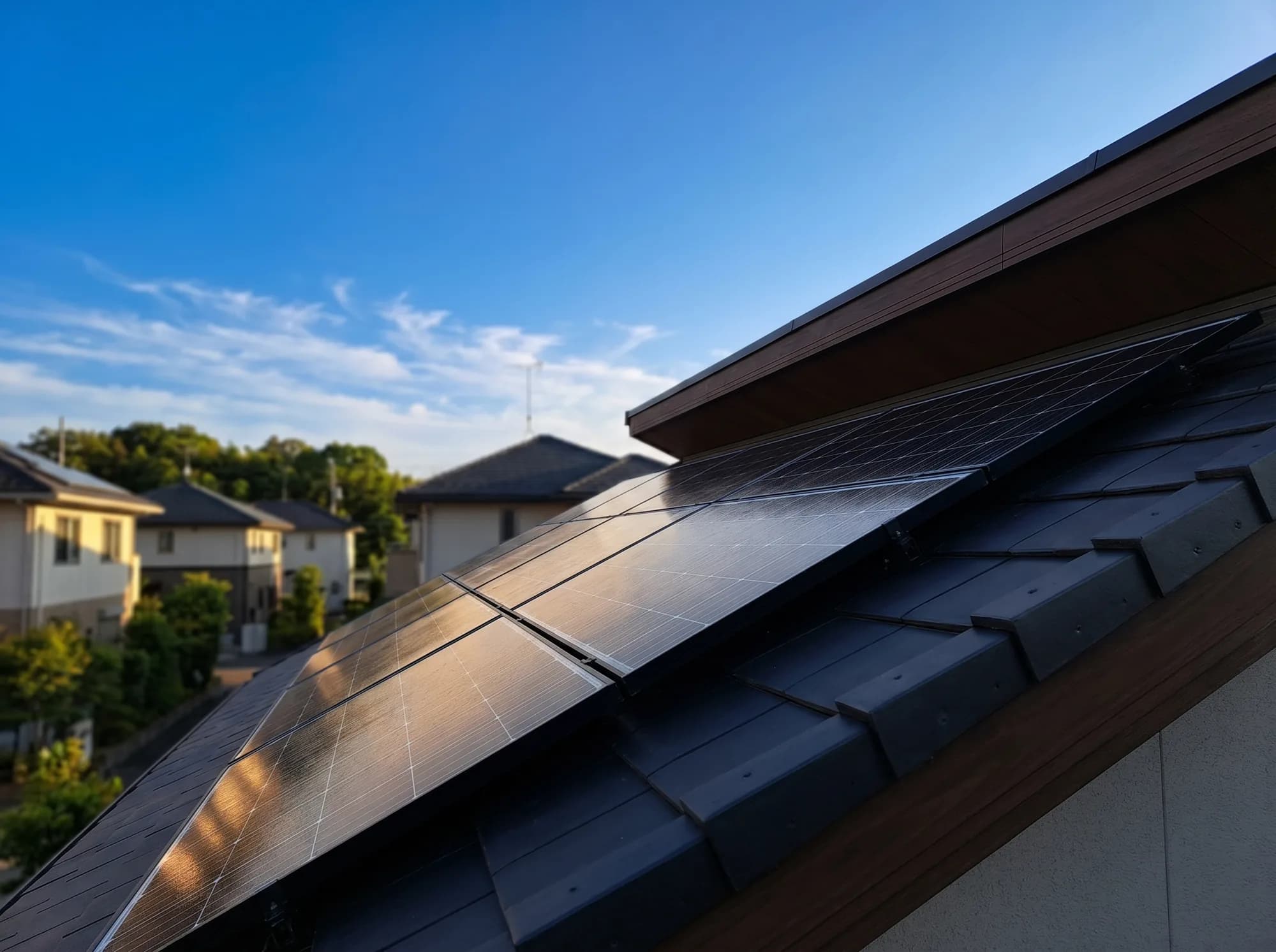 戸建て住宅の屋根に設置された太陽光パネル